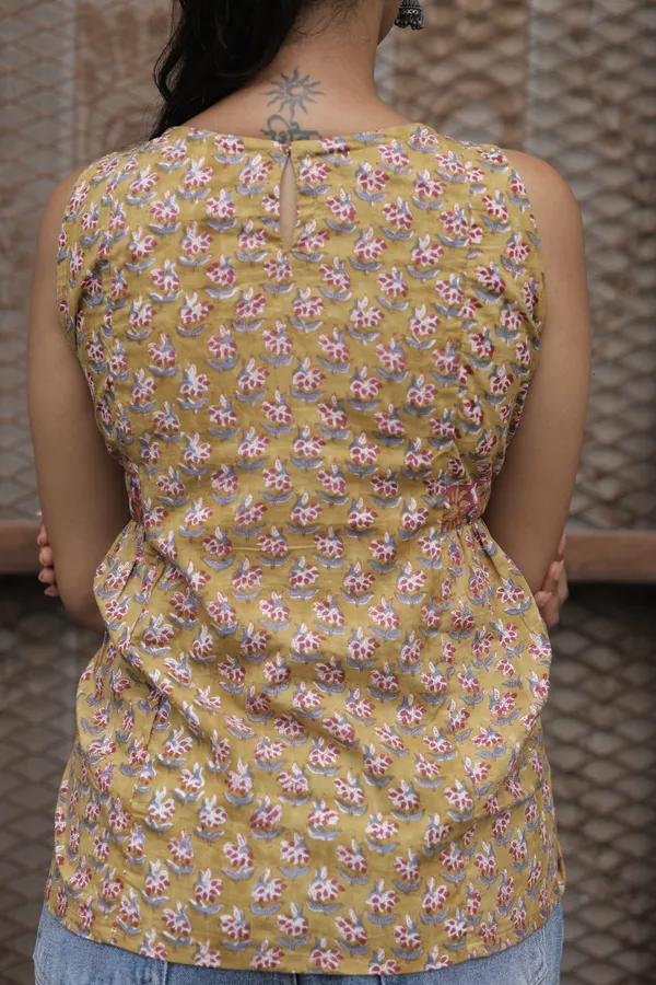 Yellow_Cambric_Cotton_Handblock_Print_Flared_Top_For_Women
