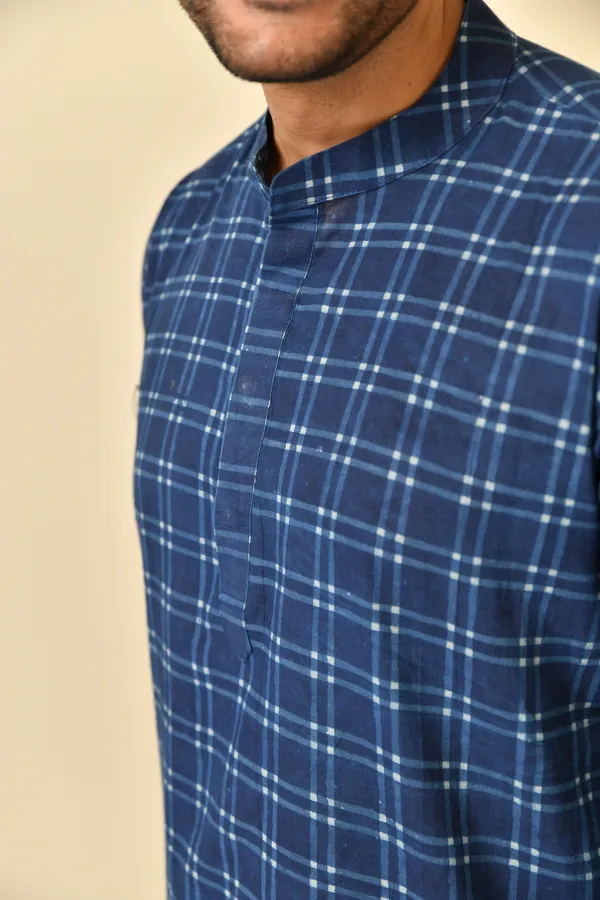 Blue_Cambric_Cotton_Checked_Short_Kurta_For_Men