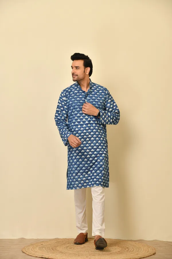 Blue_Cambric_Cotton_Printed_Long_Kurta_For_Men