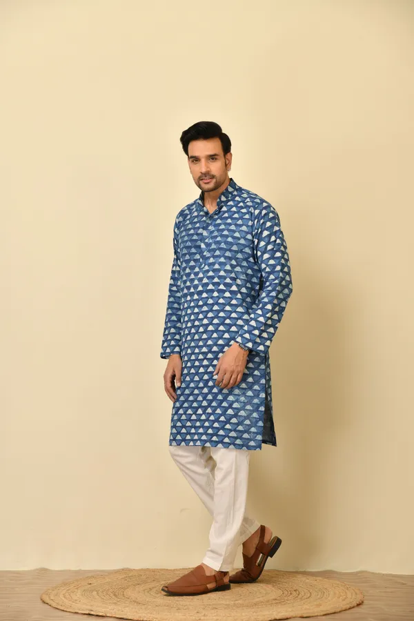 Blue_Cambric_Cotton_Printed_Long_Kurta_For_Men