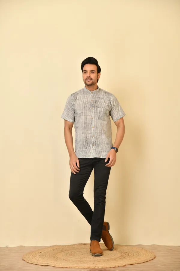 White_Cambric_Cotton_Mandarin_Collar_Half_Sleeve_Shirt_For_Men