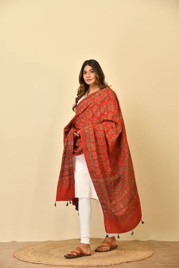 Red_Cotton_Ajrakh_Printed_Dupatta_For_Women