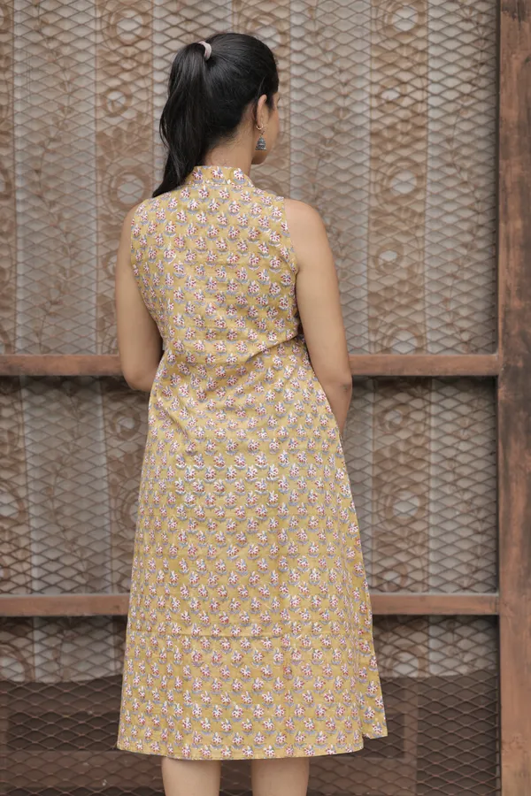 Multicolor_Cambric_Cotton_Handblock_Print_Asymmetric_Dress_For_Women