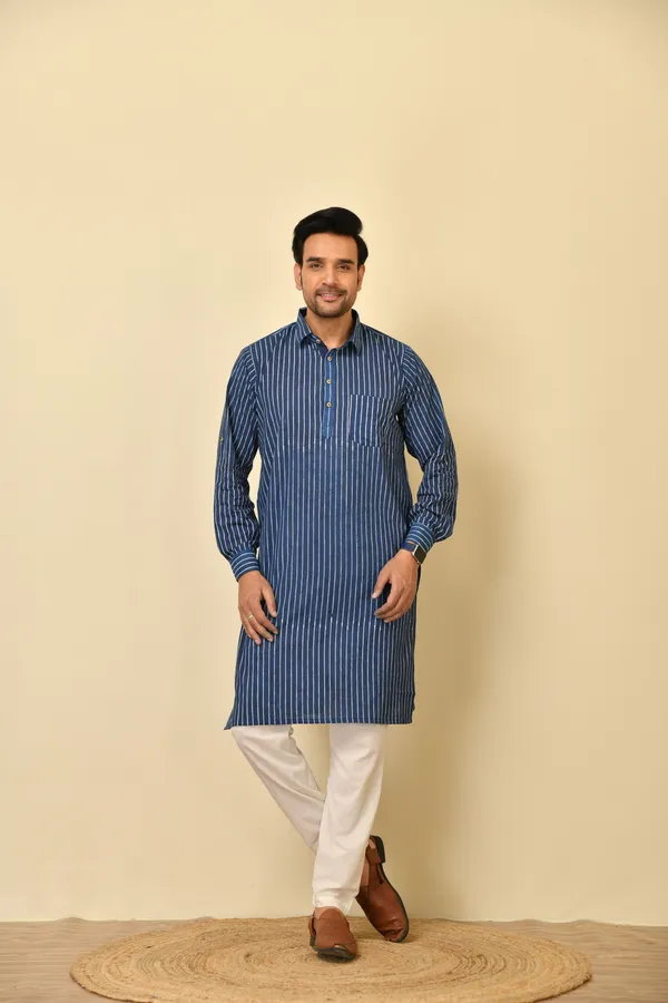 Blue_Cambric_Cotton_Striped_Straight_Long_Kurta_For_Men