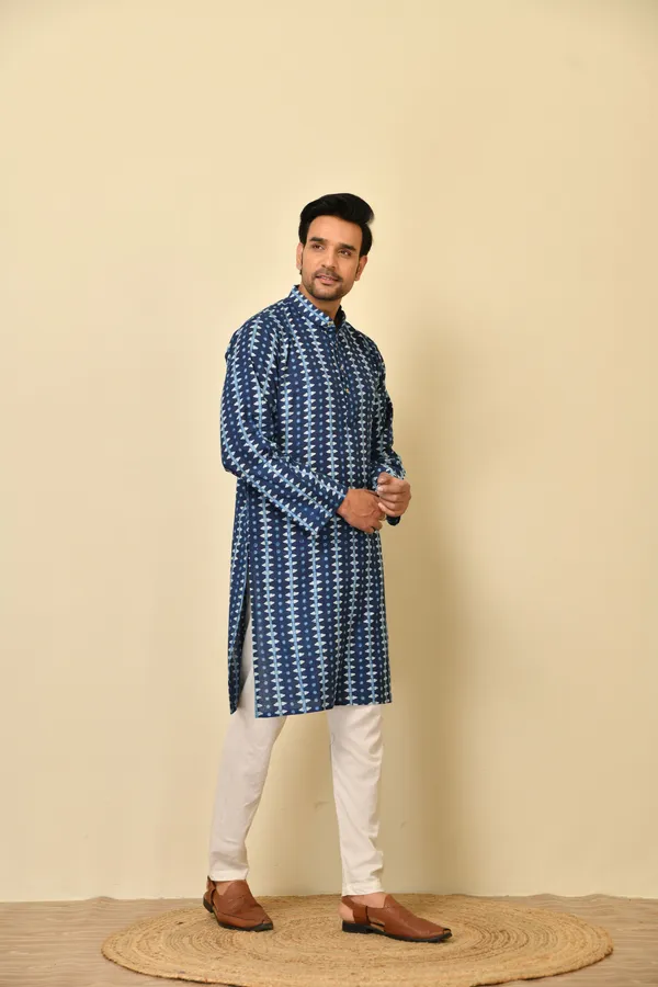 Blue_Cambric_Cotton_Straight_Long_Kurta_For_Men