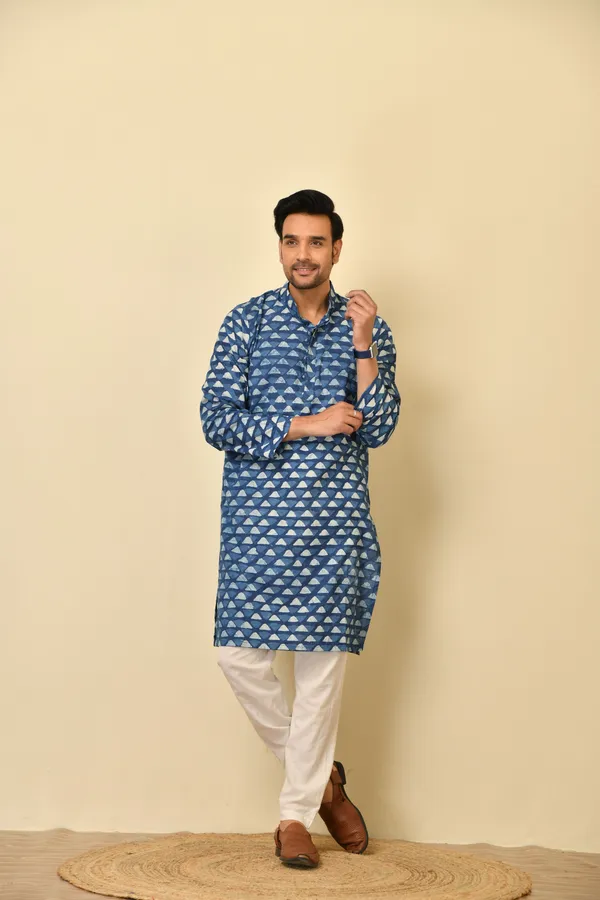 Blue_Cambric_Cotton_Printed_Long_Kurta_For_Men
