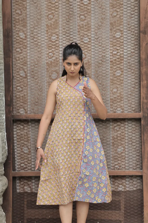 Multicolor_Cambric_Cotton_Handblock_Print_Asymmetric_Dress_For_Women