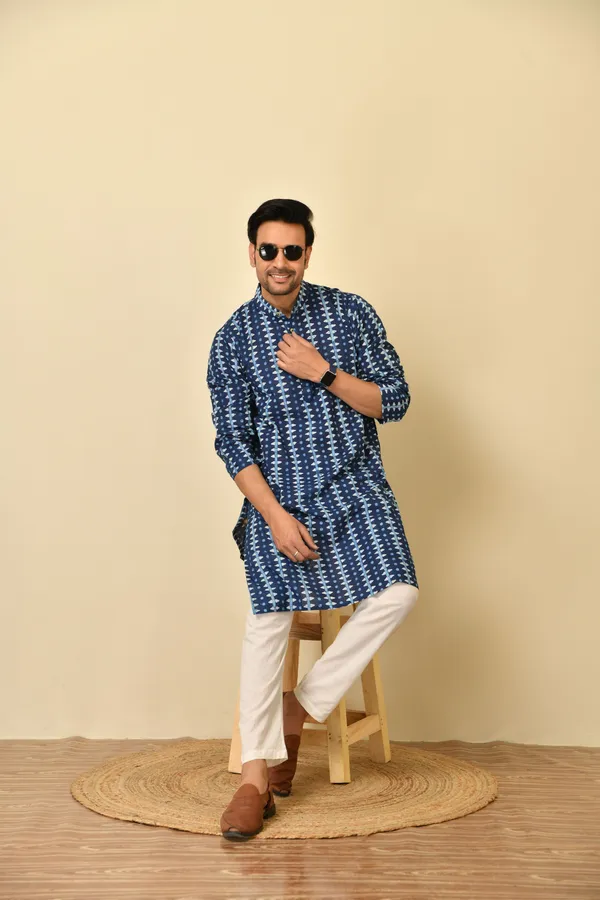 Blue_Cambric_Cotton_Straight_Long_Kurta_For_Men