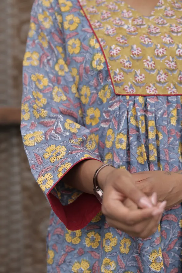 Blue_Cambric_Cotton_Handblock_Print_Gathered_Kurti_For_Women