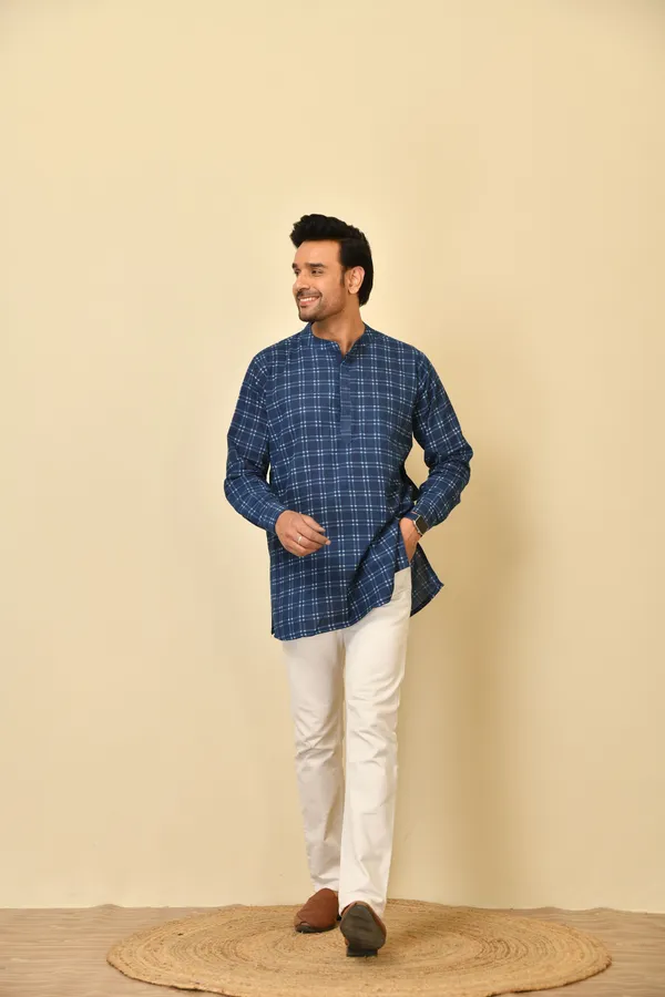 Blue_Cambric_Cotton_Checked_Short_Kurta_For_Men