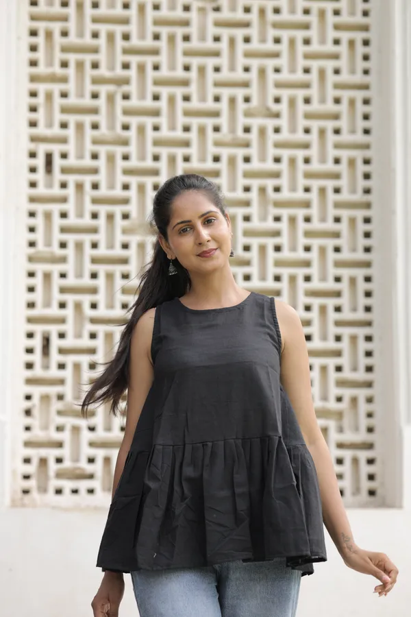 Black_Cotton_Slub_Sleeveless_Flared_Top_For_Women