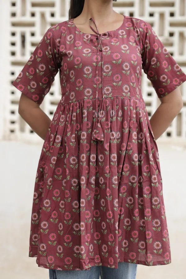 Maroon_Cotton_Floral_Print_Flared_Kurti_For_Women