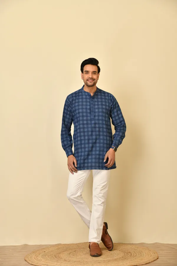 Blue_Cambric_Cotton_Checked_Short_Kurta_For_Men