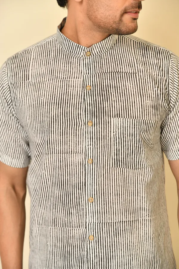 White_Cambric_Cotton_Mandarin_Collar_Half_Sleeve_Shirt_For_Men