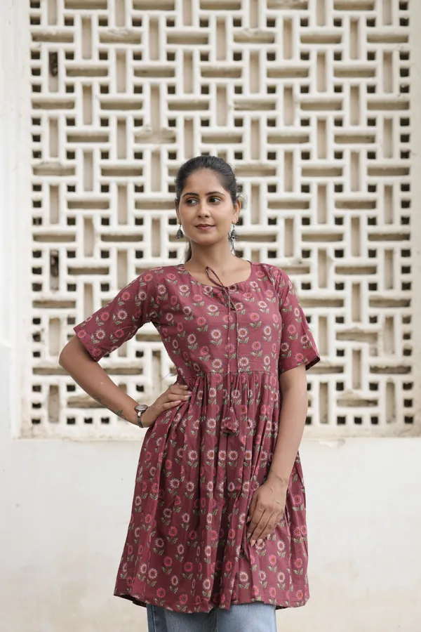 Maroon_Cotton_Floral_Print_Flared_Kurti_For_Women
