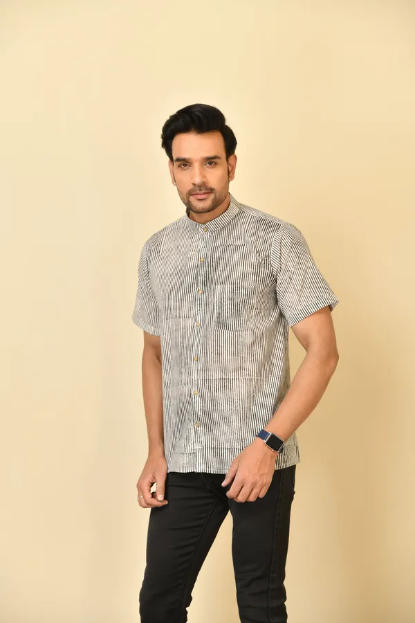 White_Cambric_Cotton_Mandarin_Collar_Half_Sleeve_Shirt_For_Men