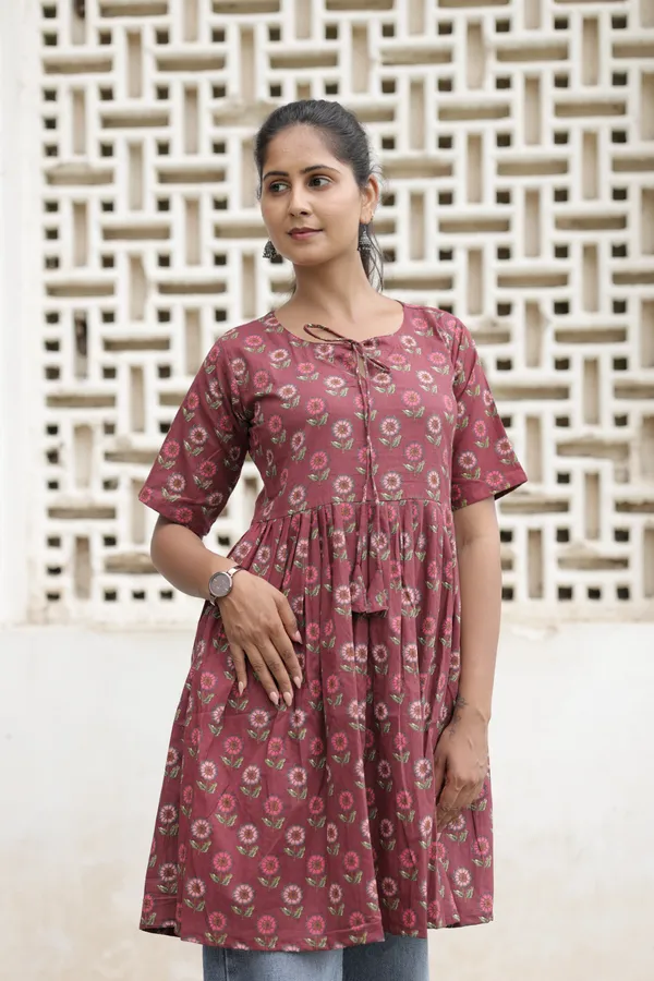 Maroon_Cotton_Floral_Print_Flared_Kurti_For_Women
