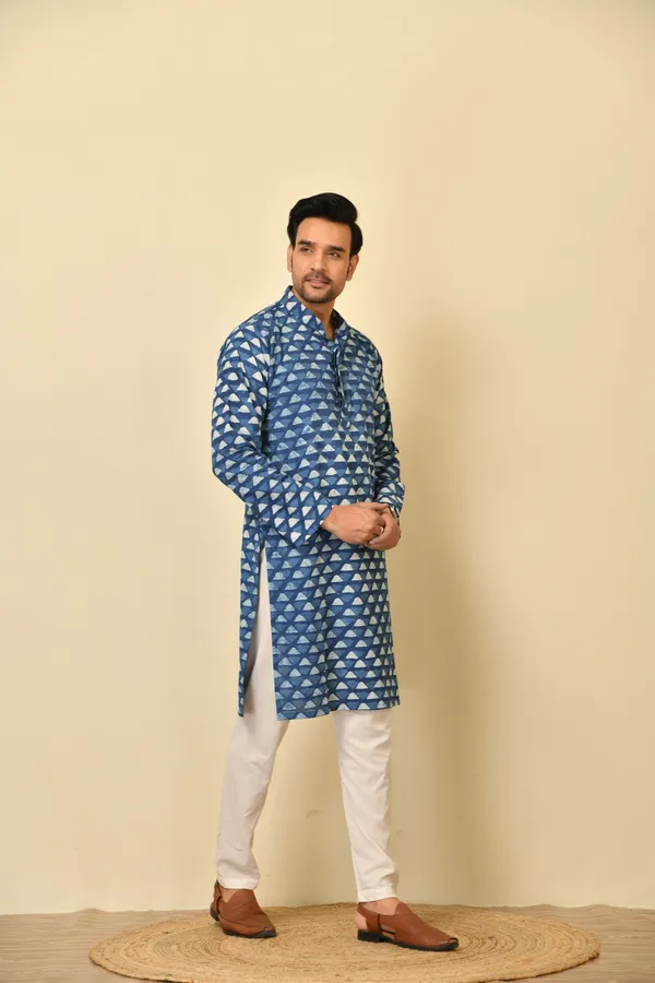 Blue_Cambric_Cotton_Printed_Long_Kurta_For_Men
