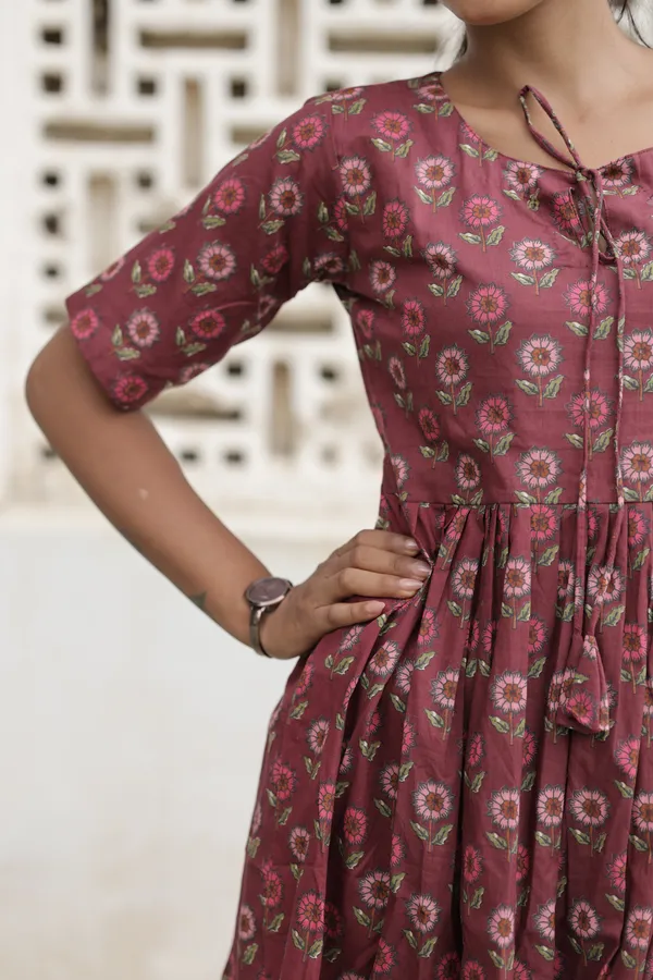 Maroon_Cotton_Floral_Print_Flared_Kurti_For_Women