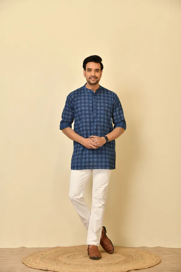 Blue_Cambric_Cotton_Checked_Short_Kurta_For_Men
