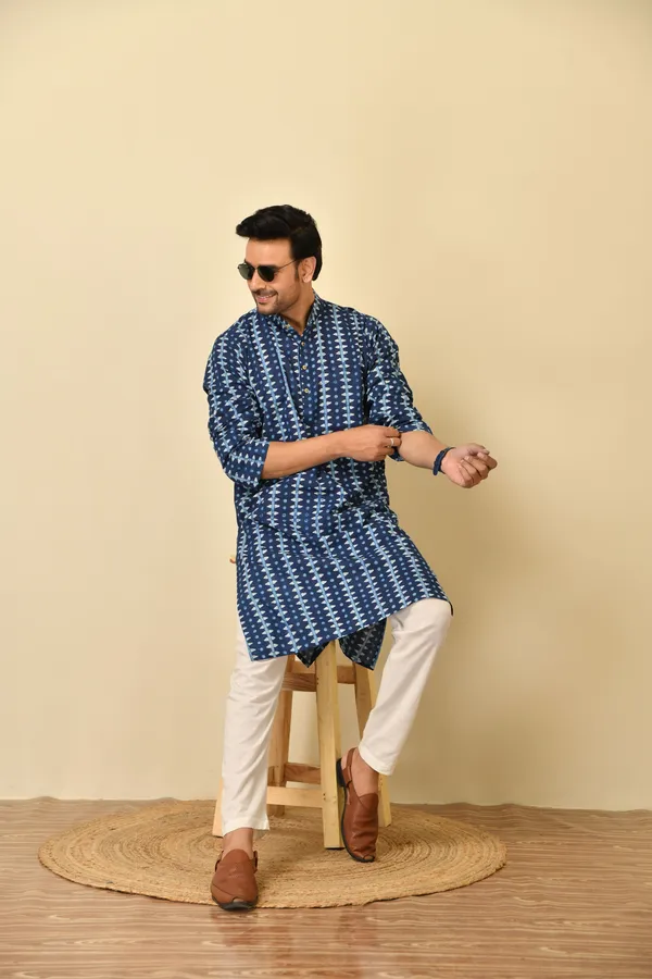 Blue_Cambric_Cotton_Straight_Long_Kurta_For_Men