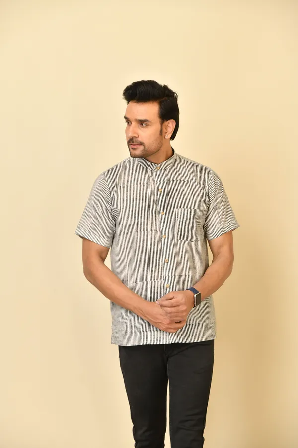 White_Cambric_Cotton_Mandarin_Collar_Half_Sleeve_Shirt_For_Men