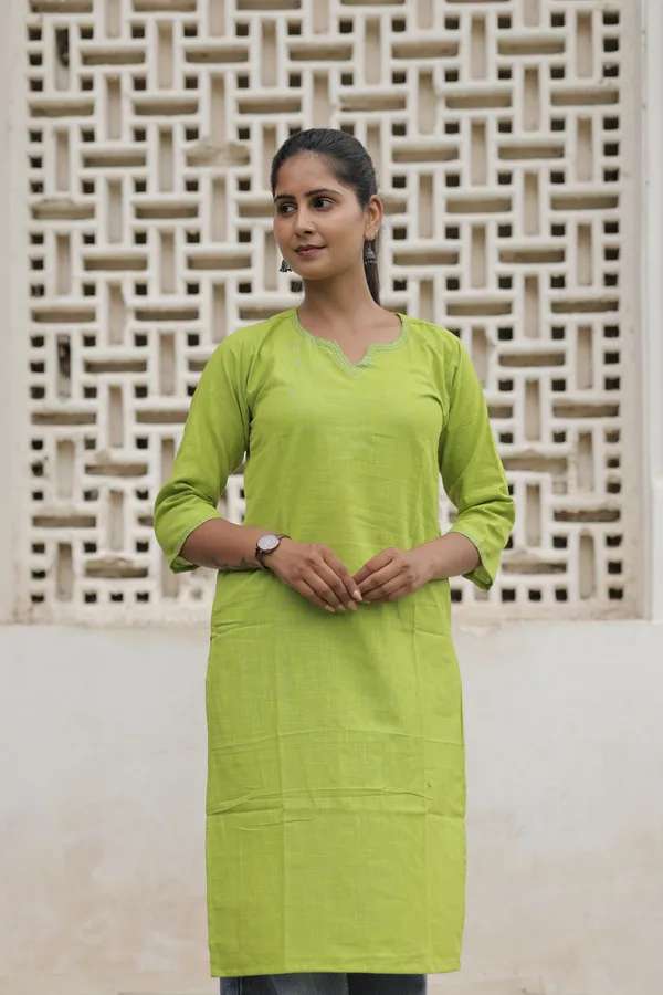 Green_Cotton_Slub_Straight_Kurta_For_Women