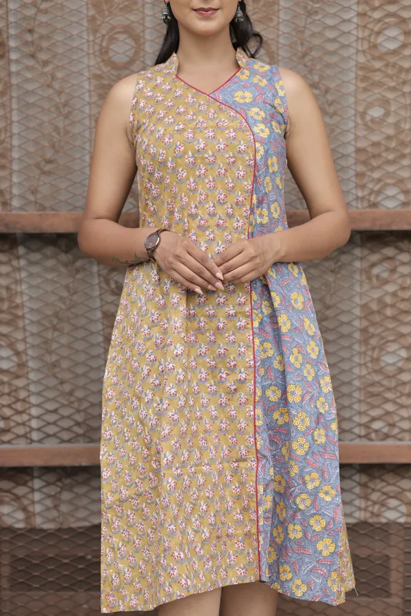 Multicolor_Cambric_Cotton_Handblock_Print_Asymmetric_Dress_For_Women