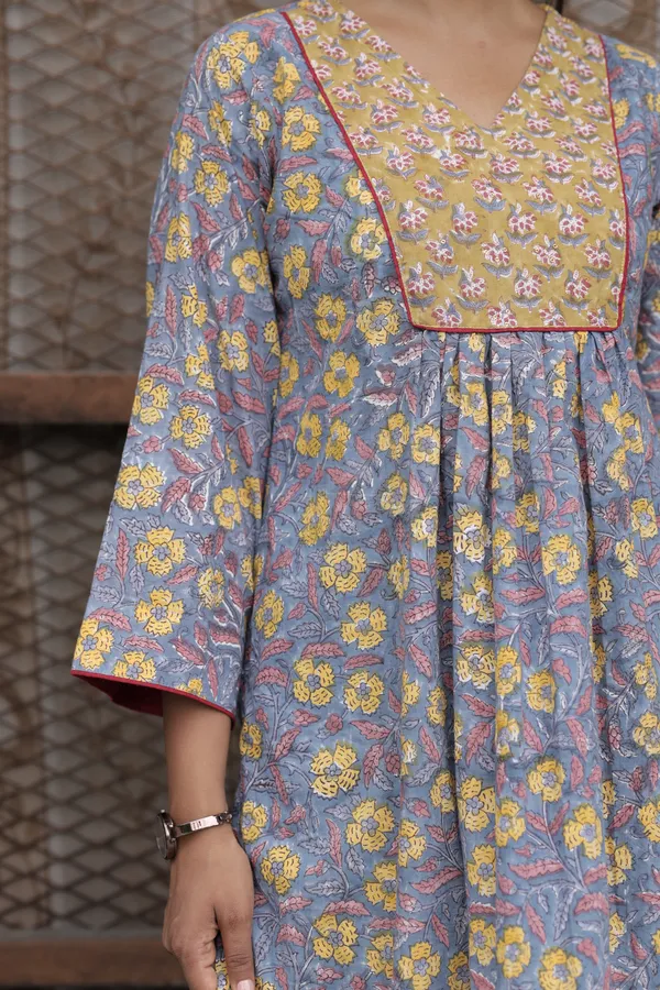 Blue_Cambric_Cotton_Handblock_Print_Gathered_Kurti_For_Women