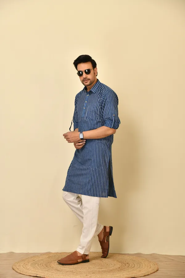 Blue_Cambric_Cotton_Striped_Straight_Long_Kurta_For_Men