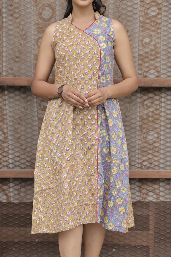 Multicolor_Cambric_Cotton_Handblock_Print_Asymmetric_Dress_For_Women