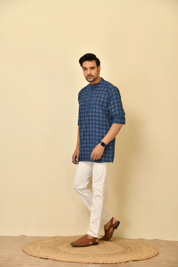 Blue_Cambric_Cotton_Checked_Short_Kurta_For_Men