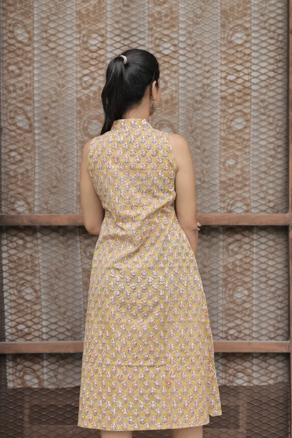 Multicolor_Cambric_Cotton_Handblock_Print_Asymmetric_Dress_For_Women