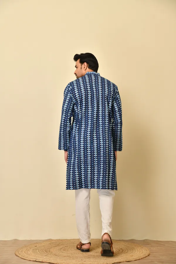 Blue_Cambric_Cotton_Straight_Long_Kurta_For_Men