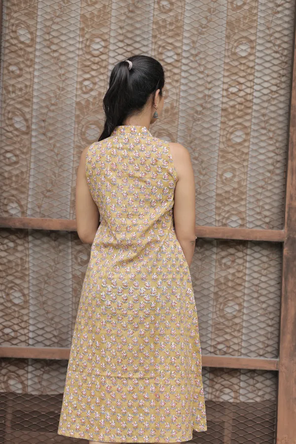 Multicolor_Cambric_Cotton_Handblock_Print_Asymmetric_Dress_For_Women