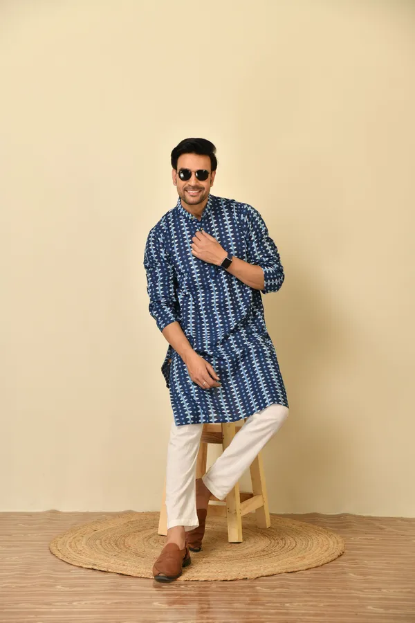 Blue_Cambric_Cotton_Straight_Long_Kurta_For_Men