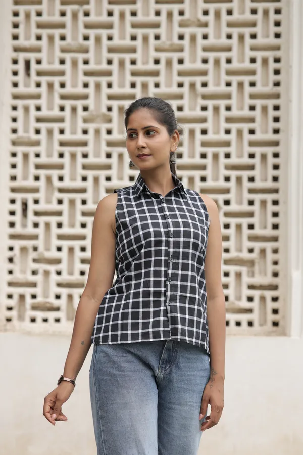 Black_Cotton_Handloom_Sleeveless_Checkered_Shirt_For_Women