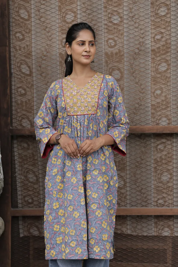 Blue_Cambric_Cotton_Handblock_Print_Gathered_Kurti_For_Women