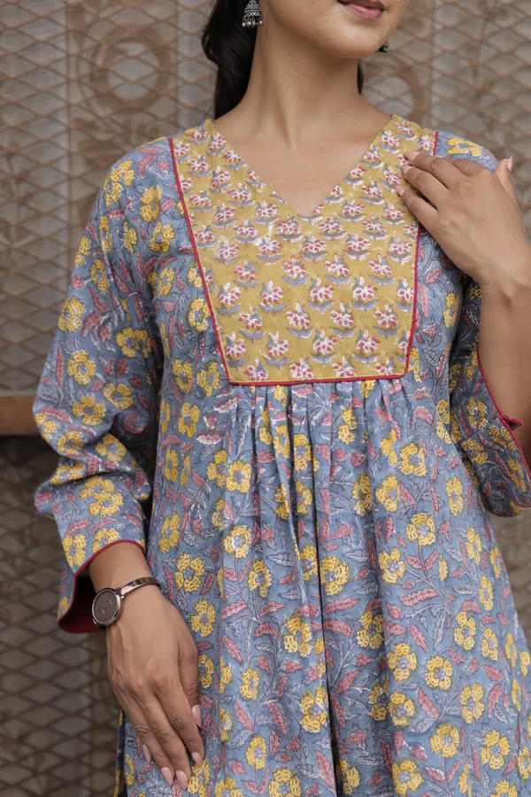Blue_Cambric_Cotton_Handblock_Print_Gathered_Kurti_For_Women