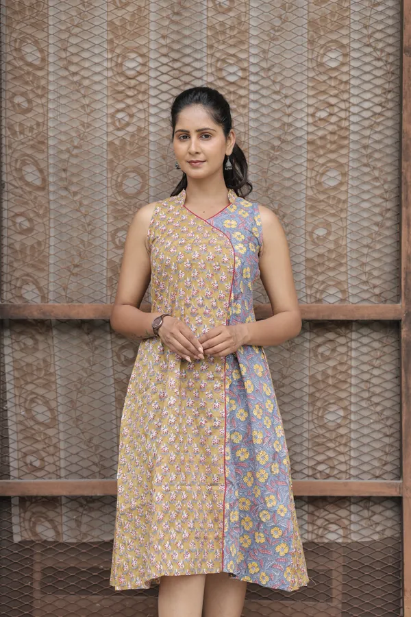 Multicolor_Cambric_Cotton_Handblock_Print_Asymmetric_Dress_For_Women