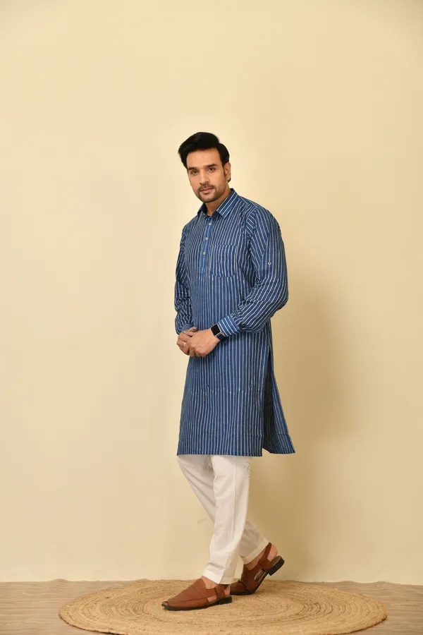 Blue_Cambric_Cotton_Striped_Straight_Long_Kurta_For_Men