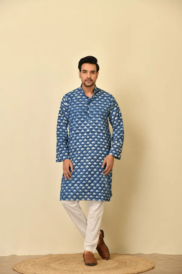 Blue_Cambric_Cotton_Printed_Long_Kurta_For_Men