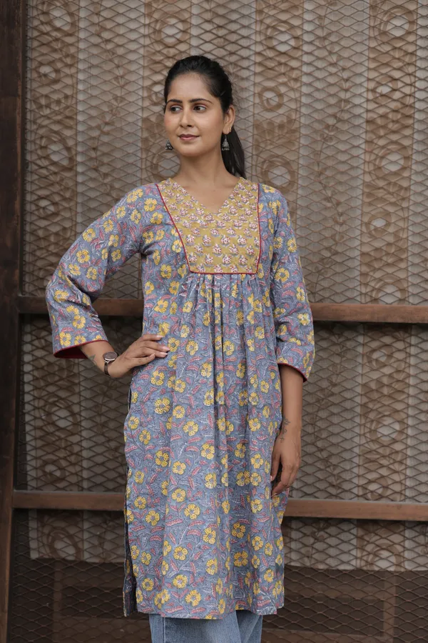 Blue_Cambric_Cotton_Handblock_Print_Gathered_Kurti_For_Women