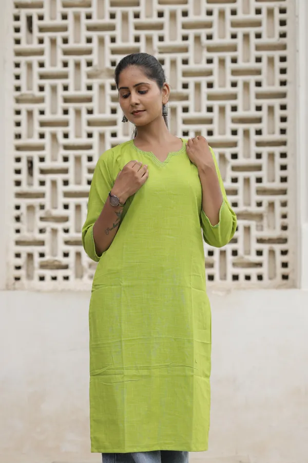 Green_Cotton_Slub_Straight_Kurta_For_Women