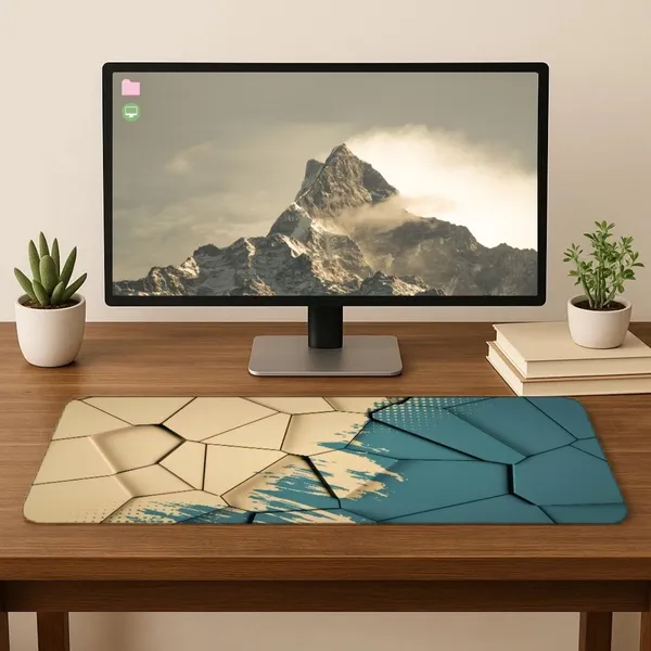 Sigma_One_3D_Cracked_Polygon_Beige_Teal_Extended_Desk_Mat