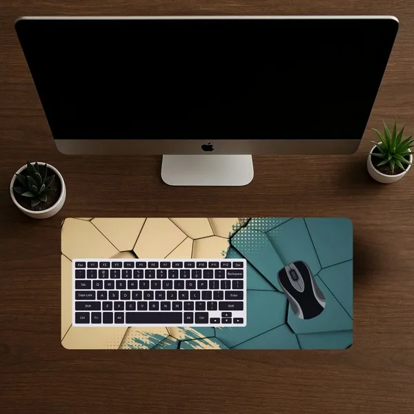 Sigma_One_3D_Cracked_Polygon_Beige_Teal_Extended_Desk_Mat