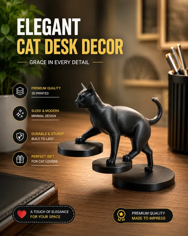 Black_3D_Printed_Cat_Desk_Decor_Figurine