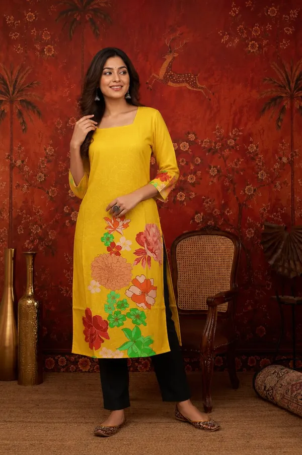 Yellow_Crepe_Floral_Print_Straight_Kurti_For_Women