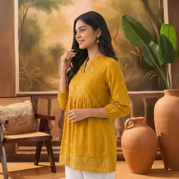 Mustard_Cotton_Embroidered_Flared_Kurta_For_Women