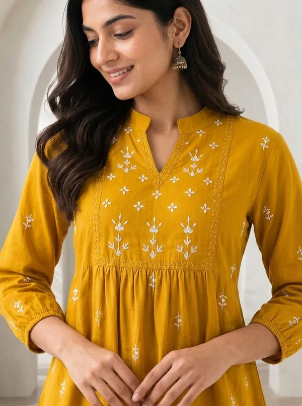 Mustard_Cotton_Embroidered_Flared_Kurta_For_Women